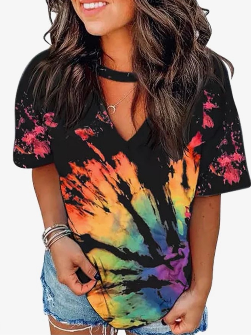 Women's Black Rainbow Tie-Dye V-Neck Top Size M